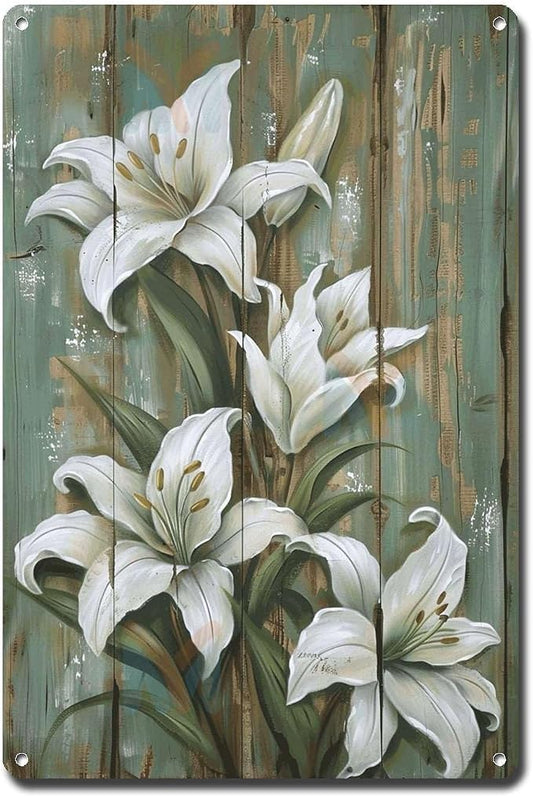 Metal Sign Tin Sign Vintage Wall Art Shabby Chic Lily Tin Sign for Vintage Botanical Decor Rustic Elegance and Distressed Wood Panels Tin Signs for Women for Room 6×8 Inches
