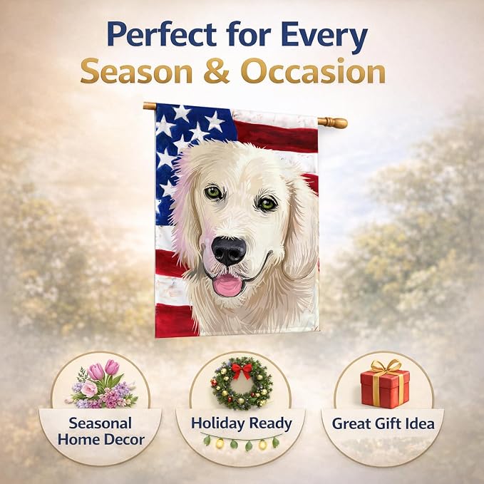Caroline's Treasures CK6542CHF Golden Retriever Dog American Flag House Flag Large Porch Sleeve Pole Decorative Outside Yard Banner Artwork Wall Hanging, Polyester, House Size, Multicolor