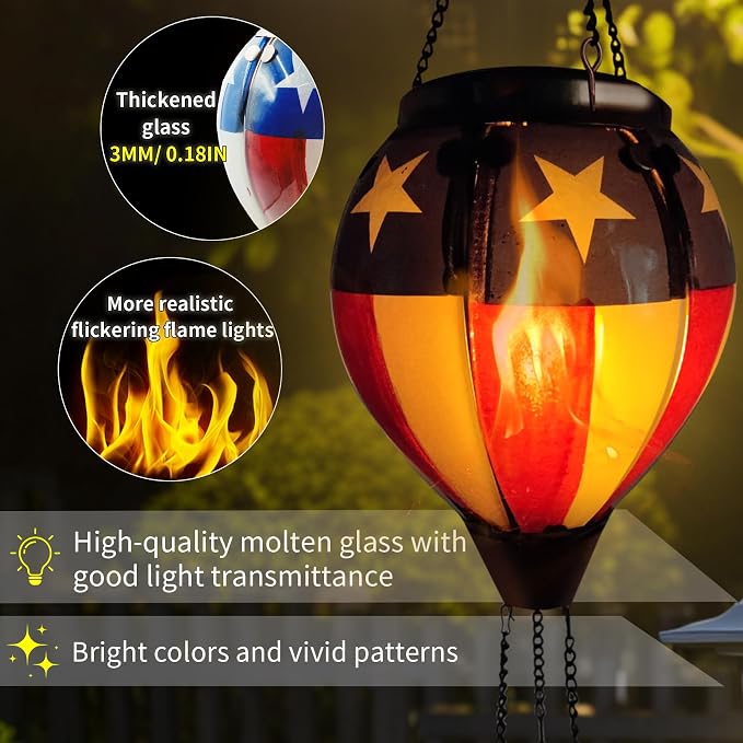 Glass Solar Hot Air Balloon Lantern with Flame Hanging Garden Flickering Light Outdoor Waterproof for Yard Patio Tree 4th of July Decorations, Flag-C