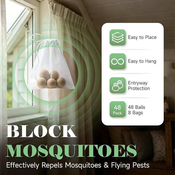 Mosquito Repellent for Patio 48 Balls - Natural Mosquito Repellent Indoor & Outdoor Use, Mosquito Deterrent for Yard - Long Lasting Mosquito Control for Camping, Travel & Home