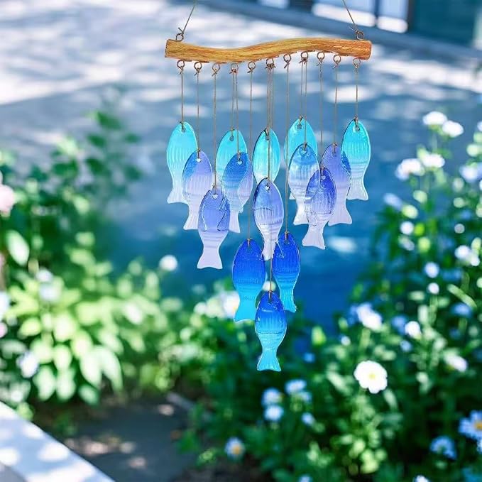 Glass Fish Wind Chimes for Outside/Inside - Handcrafted Stained Glass and Iron Decorative Sea Glass Windchime - Unique Bohemian Coastal Decor for Garden, Patio, Porch - Sympathy Gift (Blue Fish)