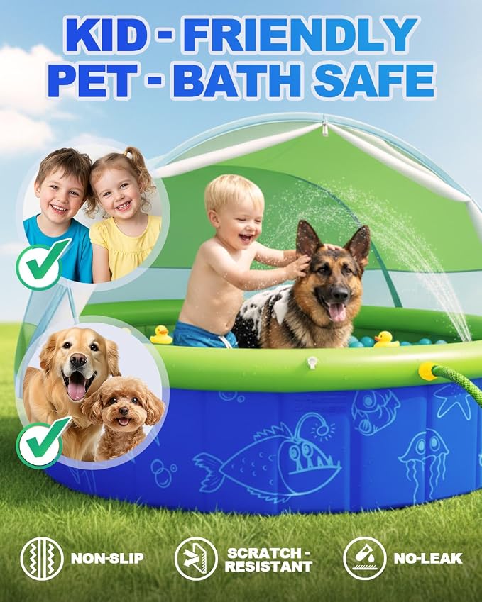 2026 Updated Foldable Kiddie Pool with Canopy and 20 Ocean Balls: 47in for Baby Toddler Kids- Summer Water Play Pool with Sprinkler and Shade - Portable for Outdoor Backyard Beach