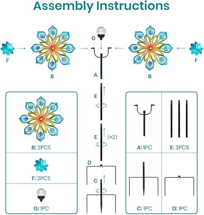 63" Solar Wind Spinners Outdoor, 13" Metal Kinetic Garden Art Decor | Artisan Hand-Crafted,Weather-Resistant,Heavy-Duty,Whisper-Quiet Bearings,Auto-Glow Solar Crackle,Stable 5-Prong Ground Stake