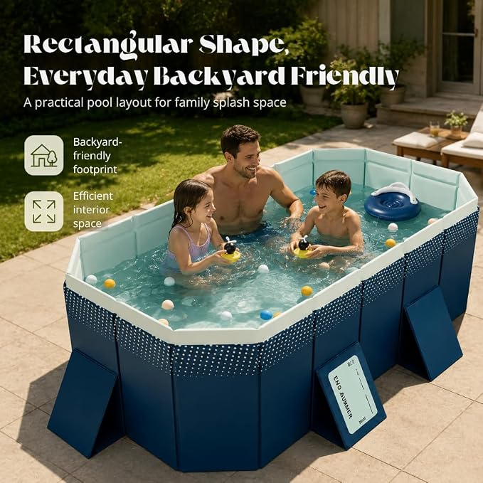 82.67-Inch Foldable Swimming Pool, Blue Non-Inflatable Rectangular Pool for 3-4 People, 4-Layer Composite PVC, Aluminum Alloy Frame, Dual Drains for Backyard Summer Fun