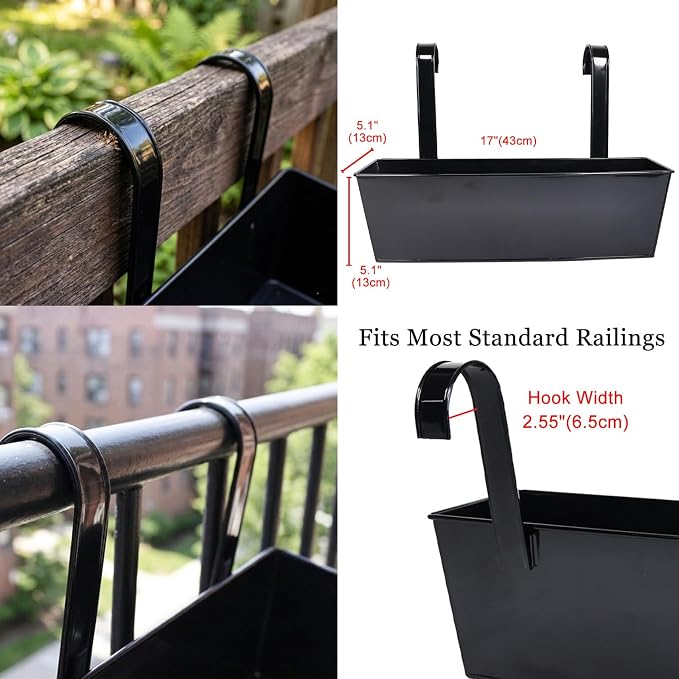 Outdoor Railing Hanging Planter Pot, 17" Metal Planter Pots for Plants, Fence Flower Pot for Porch Balcony with Detachable Hook & Drainage Hole (Rectangular-Black, Pack of 6)