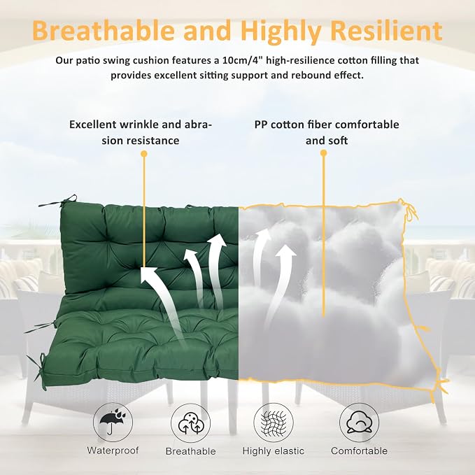 Swing Replacement Cushions for Outdoor: 2-3 Seater Waterproof Porch Bench Cushion with Backrest and Ties - 4" Thick Swing Cushion for Garden Patio Backyard Loveseat