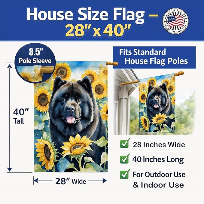 Caroline's Treasures DAC6054CHF Chow Chow in Sunflowers House Flag Large Porch Sleeve Pole Decorative Outside Yard Banner Artwork Wall Hanging, Polyester, House Size, Multicolor