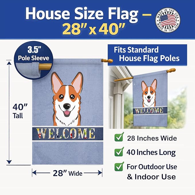 Caroline's Treasures BB1440CHF Red Corgi Welcome House Flag, Blue Large Porch Sleeve Pole Decorative Outside Yard Banner Artwork Wall Hanging, Polyester, House Size, Multicolor