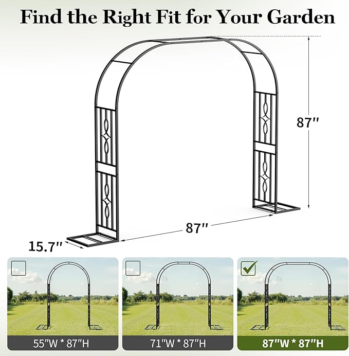 Metal Garden Arch, Heavy Duty Garden Trellis for Climbing Plants, with Enlarged Base for Stability, Ideal for Wedding Arches & Party Decorations, 87" W x 87" H