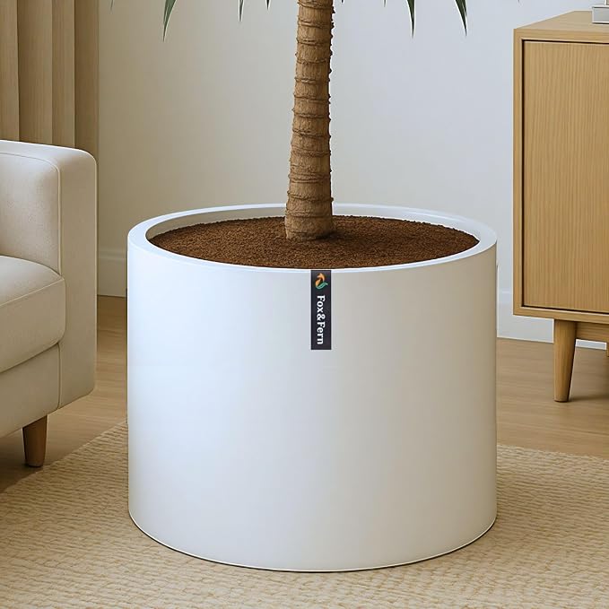 Fox & Fern Large Indoor Planter, Modern Large Plant Pot for Indoor or Outdoor, UV and Frost Resistant - 18.7 Inch, Fiberstone, Matte White Flower Pot with Drainage Plug, Lightweight
