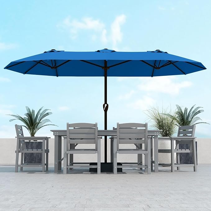 Kingdura 15ft Large Patio Umbrella with Base Included, Double-Sided Rectangle Outdoor Table Umbrella with 12 Reinforced Ribs, Crank Lift for Market Pool Deck Backyard, Royal blue