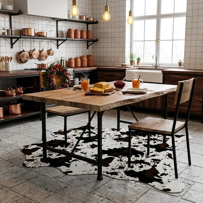 MustMat Cow Print Faux Cowhide Rug, Urban Western Decor Rug 4'7''×5'3'' | Works for Bedroom, Dining & Office | Matches Rustic Farmhouse | Perfect for Holiday & Birthday Parties