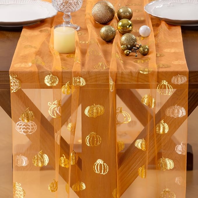Socomi Gold Table Runner Fall Pumpkin Gauze Sheer Chiffon Cheesecloth Sequin 10FT Glitter Metallic Foil Dining Wedding Birthday Party Baby Shower Holiday Centerpiece Table Decor Orange
