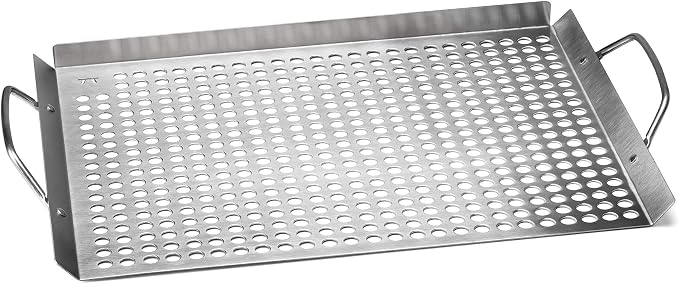 Outset 76632 Stainless Steel Grill Topper Grid, 11"x17" BBQ Tray | Stainless Steel Grill Topper | BBQ Veggie Grill Tray | Easy to Carry | Seafood Grill Tray With Holes | Infuses Flavor