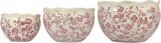 Galt International Ceramic Plant Pots Set of 3 Rustic Vintage Farmhouse Cream Crackle Glaze (11"/ 9.6"/ 7") Garden Indoor Outdoor Flower Planter w/Drainage Hole (Vintage Red)