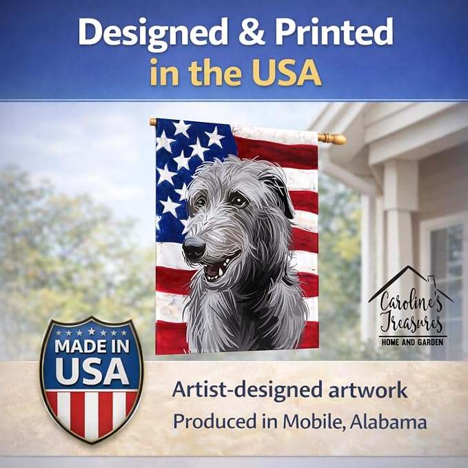 Caroline's Treasures CK6695CHF Scottish Deerhound Dog American Flag House Flag Large Porch Sleeve Pole Decorative Outside Yard Banner Artwork Wall Hanging, Polyester, House Size, Multicolor