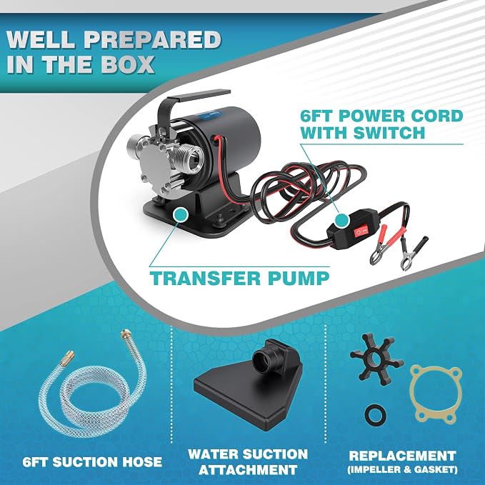 Acquaer Water Transfer Pump DC 12V 1/10HP Portable Electric Water Removal Utility Pump with Switch and Suction Hose Kit, Low Suction Water Removal for RV, Water Beds, Pools, Rain Barrel, Aquariums