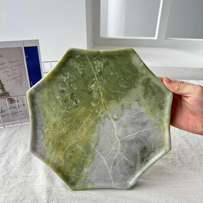 Real Natural Marble Octagon Tray 10.2in Solid Stone Decorative Plate | Luxury Green Marble Decor Tray for Candle, Jewelry, Plant. Food-Safe Solid Stone Serving Dish with Unique Veining