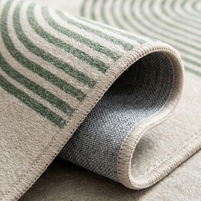 6x9 Green and Beige Modern Geometric Arch Stripe Area Rug | Machine washable, non-slip, low-pile faux cashmere rug for living room, bedroom, dining room, and home office.