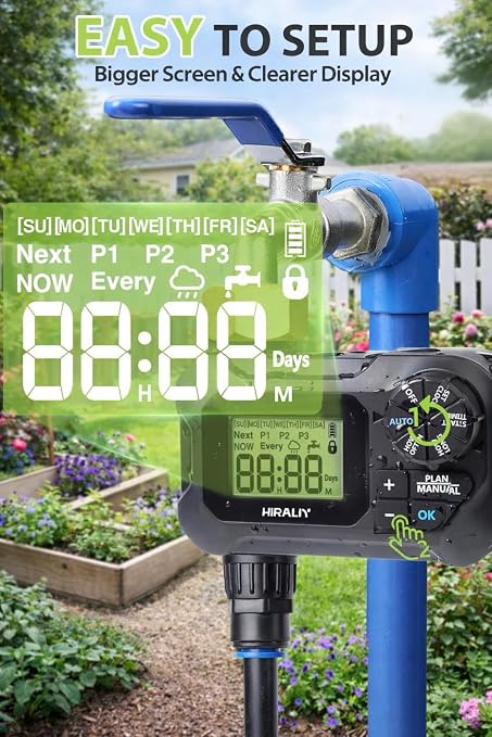 HIRALIY 50FT Automatic Drip Irrigation Kit with Timer, Quick-Connect Garden Watering System with 40FT 1/4" Tubing, 10FT Main Hose, 12 Adjustable Drippers for Patio, Raised Beds & Potted Plants