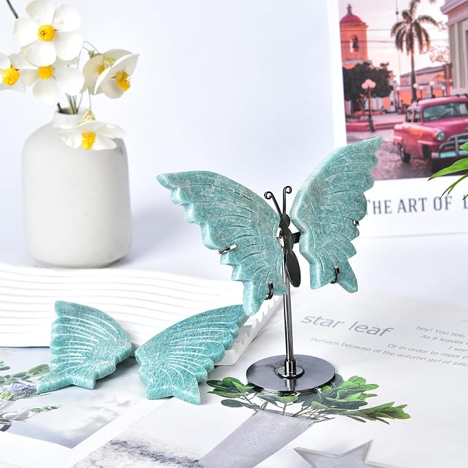 JIC Gem Natural Amazonite Stone Crystal Butterfly Art Wings Carving Craft Ornament Healing Crystal Stones with Display Stand Decoration Reiki Energy Balance (1pair, 10cm)