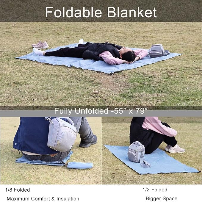 Outdoor Pocket Blanket, 55"x79" Waterproof Foldable Compact Small Picnic Blanket, Ultralight Tarp for Camping, Festival, Beach, Hiking, Backpacking, Travel, Stakes Included (Grey)