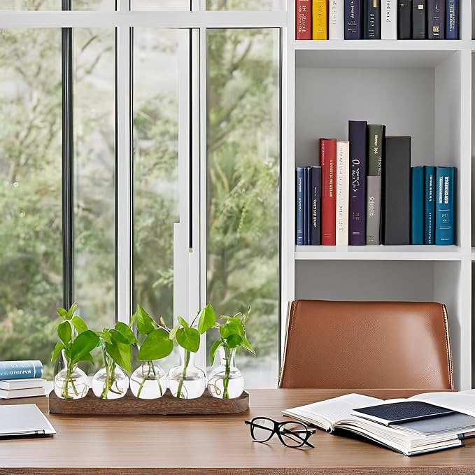 Mkono Desktop Plant Propagation Glass Station Retro Terrarium with Wooden Tray Bulb Vase for Hydroponic Home Indoor Decor Brown, Plant Lover Gift