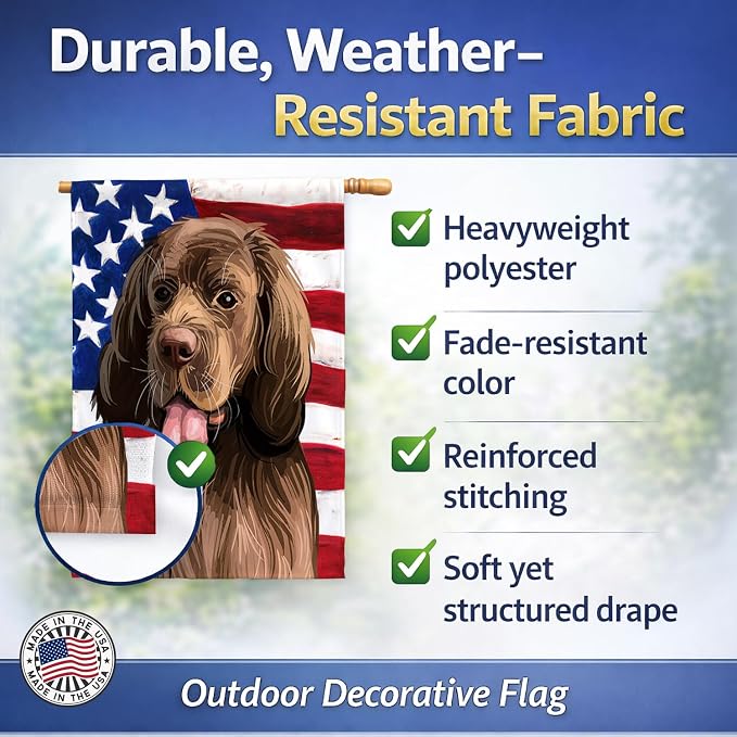 Caroline's Treasures CK6729CHF Sussex Spaniel Dog American Flag House Flag Large Porch Sleeve Pole Decorative Outside Yard Banner Artwork Wall Hanging, Polyester, House Size, Multicolor