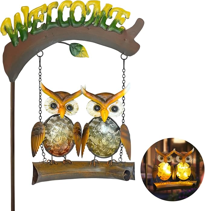 Solar Lights Outdoor Decor, Owl Swing Garden Decor, Owl Gifts for Women Mom, Whimsical Garden Lights Outdoor Decorations with Welcome Sign for Outside Patio Yard Lawn Decor-48inch