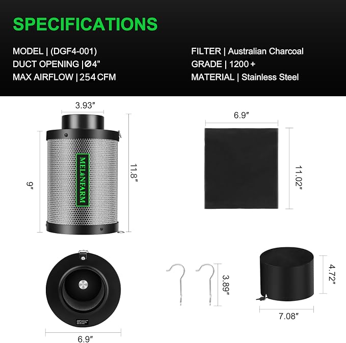 4 Inch Air Carbon Filter Smelliness Control with Australia Virgin Charcoal, Odor Removal Carbon Filter for Grow Tent, Inline Fan, Hydroponics, Pre-Filter Included, Insulated Flange 4" x 11"
