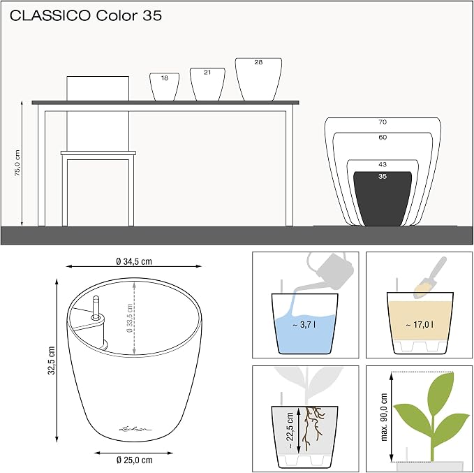 LECHUZA Classico Color 35 Slate, Self-Watering Round Planter, D13.8 H11.8 in, Slate Matt