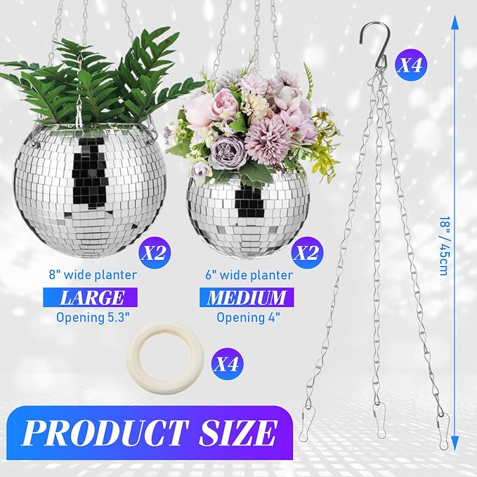 4 Pcs 6/8 Disco Ball Planter Hanging Disco Ball Plant Hanger with Chain Hook and Ring Stand, Mirror Flower Pot for Indoor and Outdoor Plants 70s 80s Party Room Decorations, Sliver