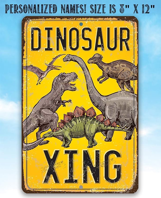 Dinosaur Crossing Sign - Cool Tin Sign for Wall Decor, Dinosaur Party Decoration Signs, Dinosaur Poster for Boys Room and Play Room, 8x12 Use Indoors or Outdoors Durable Rustic Metal Sign