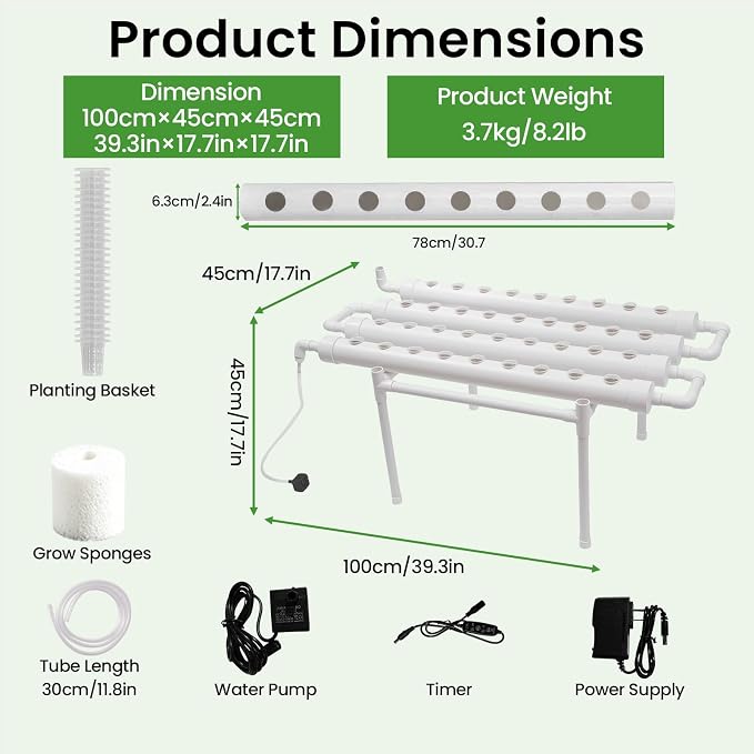 Upgraded Hydroponics Growing System, 36 Plant Sites, 1 Layers 4 Food-Grade PVC-U Pipes,hydroponics Growing System Kits, Gardening Systems Grow Kits with Water Pump Timer, nests Basket and Sponge
