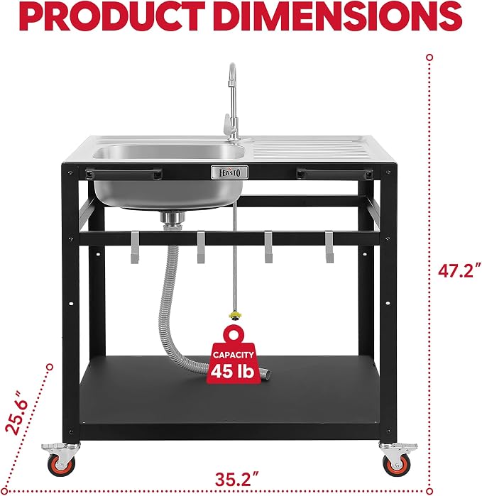 FEASTO 35-Inch Outdoor Grill Cart with Stainless Steel Sink, Rolling BBQ Prep Table with Faucet, Storage Shelves and Lockable Wheels for Patio, Backyard and Outdoor Cooking, Silver & Black | Rolling BBQ Prep Table with Faucet, Storage Shelves and Locka...