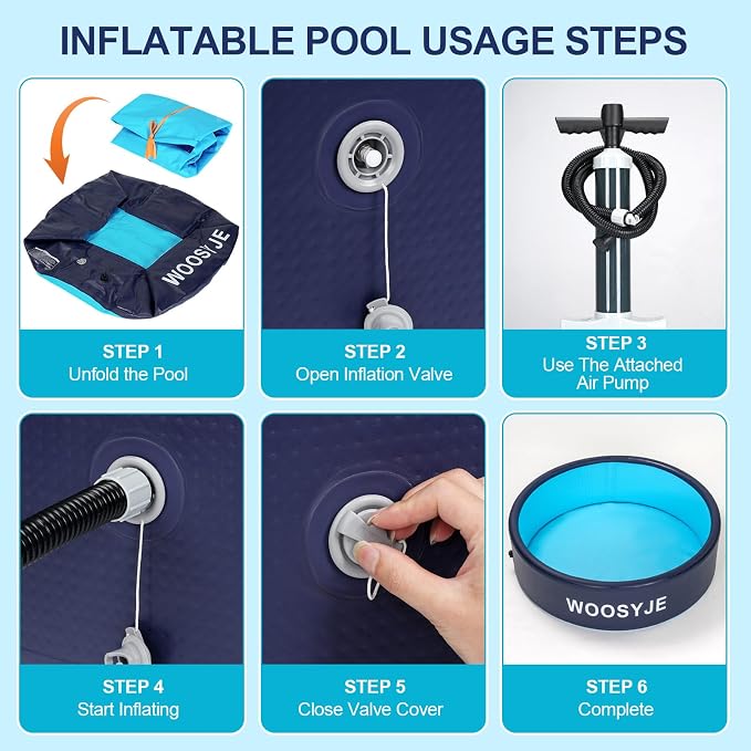 Inflatable Dog Pool, Foldable Pet Swimming Pool - 47.5" Pet Bath Pool & Kiddie Pool, PVC, Quick Drain, Non-Slip, Collapsible Swimming Pool for Large Medium Small Dogs, Cats, Kids, Backyard, Beach