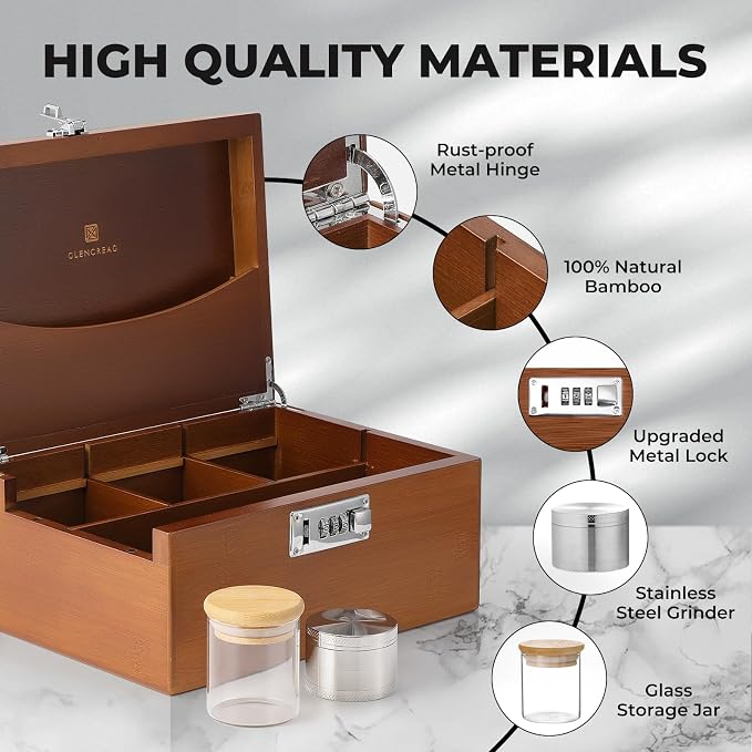 GLENCREAG Stash Box with Rolling Tray, Smell Proof Large Bamboo Storage Box with Lock, Decorative Set Includes Glass Jars & Grinder, Gift for Men Women
