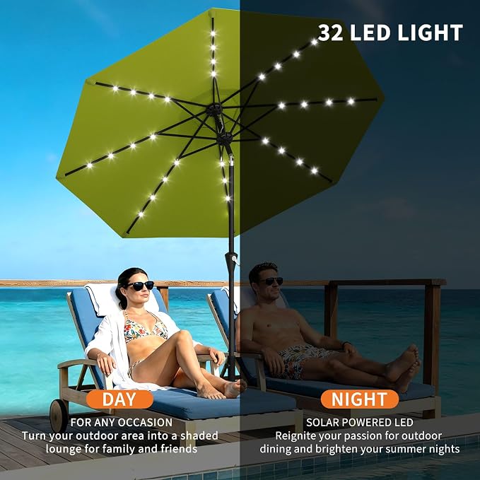 GarveeLife Patio Umbrella with Solar Lights, Outdoor Table Umbrella with 8 Durable Ribs, Tilt & Crank Mechanism, Water & UV Protection Sun Shade Umbrella for Garden, Poolside, Backyard (Green, 9 FT)