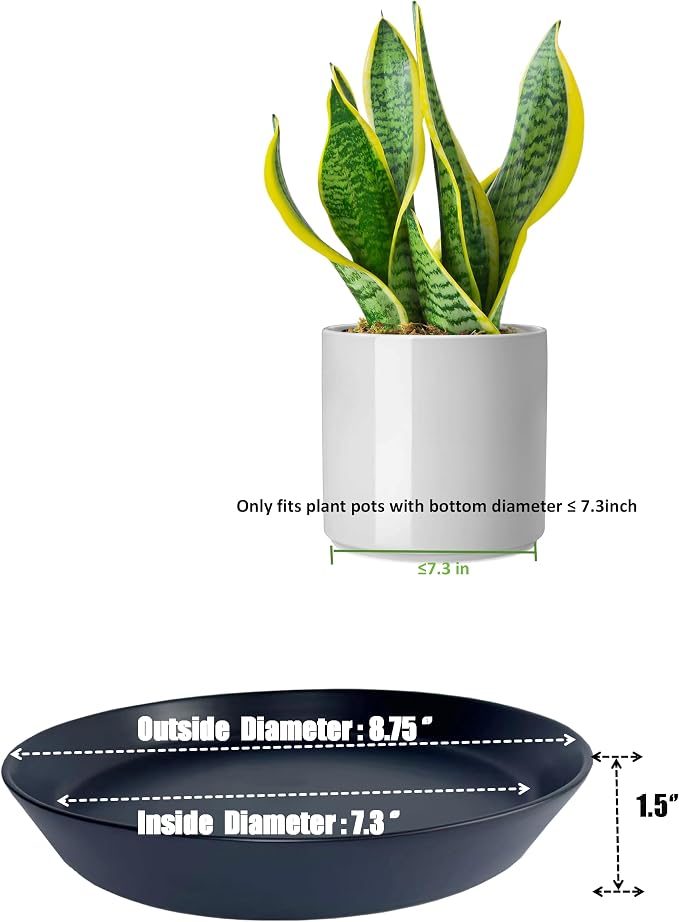 Plant Saucer 8 Inch, 2 Pack Large Plant Saucers Ceramic Tray 8 inch (7.3" Inner) for Flower Pot, Classic Sturdy Planter Water Catcher Tray for Plant Base,Black