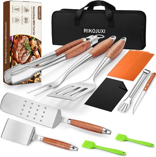 16 Inch Grilling Accessories Set, Heavy Duty Stainless Steel BBQ Accessories Tools and Grill Accessories for Outdoor Grill with Spatula, Fork, & Tongs - Grilling Gifts for Men Women Father
