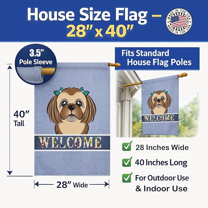 Caroline's Treasures BB1435CHF Chocolate Brown Shih Tzu Welcome House Flag, Blue Large Porch Sleeve Pole Decorative Outside Yard Banner Artwork Wall Hanging, Polyester, House Size, Multicolor