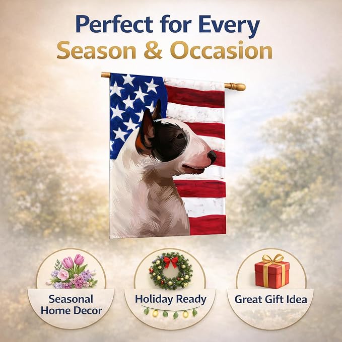 Caroline's Treasures CK6466CHF Bull Terrier Miniature American Flag House Flag Large Porch Sleeve Pole Decorative Outside Yard Banner Artwork Wall Hanging, Polyester, House Size, Multicolor