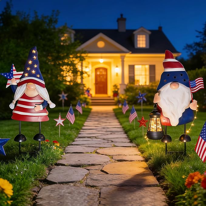 Solar Patriotic Gnomes Garden Stakes - 4th of July Decorations 25" American Flag Garden Gnomes Outdoor Decor for Outdoor & Memorial Day Yard Art 2 Pack