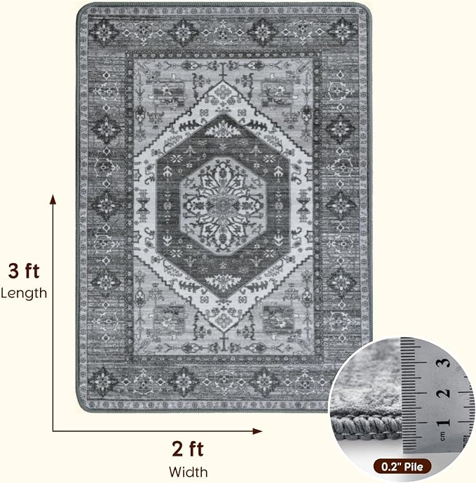 LBRO2M Machine Washable Rug Soft Pet Friendly Carpet 2X3 Dark Gray | Persian Rug 2X3 for Entryway, Kitchen, Bathroom Non Slip Carpet, Foldable Stain Resistant Rugs
