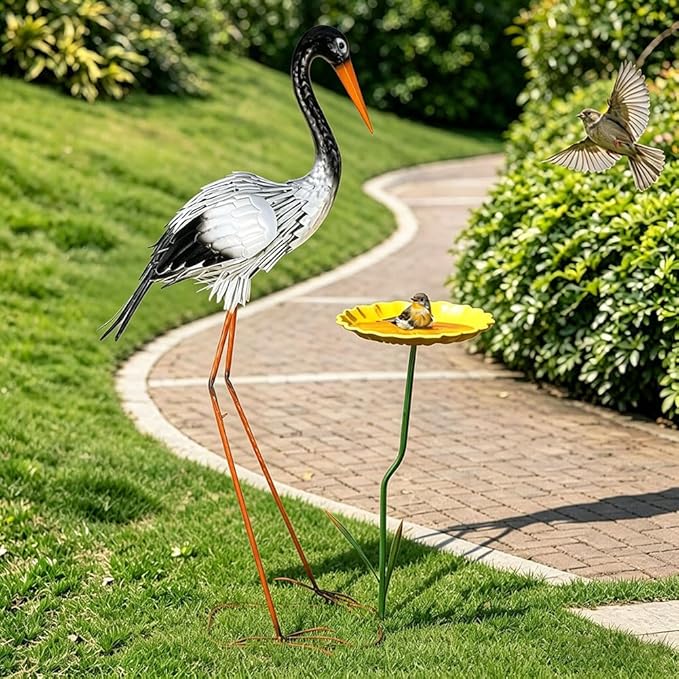 38" Garden Statue Large Outside Egret Sculpture Outdoor Decor | Metal Bird Yard Art Patio Decoration Lawn Ornaments Windproof Backyard Pond Porch Pool Deck Landscape Bird Lover Gift