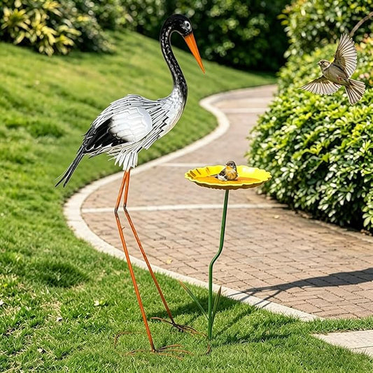 38" Garden Statue Large Outside Egret Sculpture Outdoor Decor | Metal Bird Yard Art Patio Decoration Lawn Ornaments Windproof Backyard Pond Porch Pool Deck Landscape Bird Lover Gift