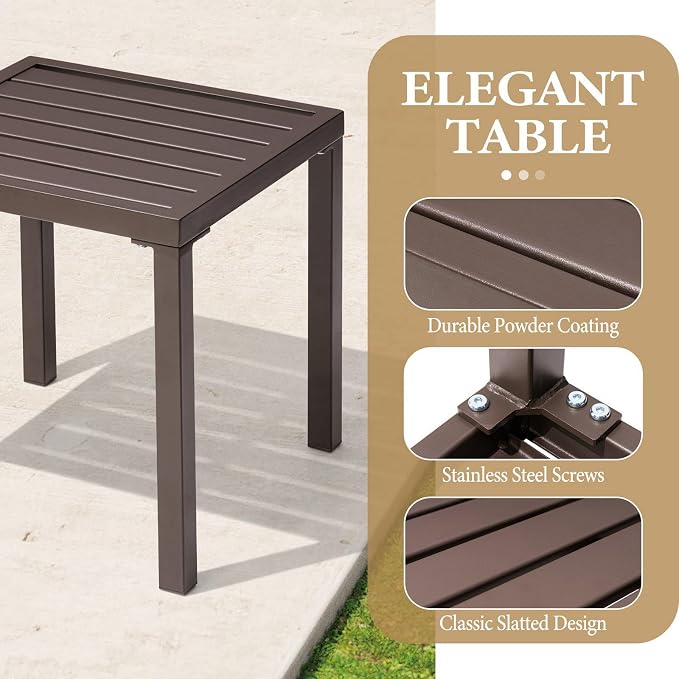 Crestlive Products Outdoor Side Table, Small Square Metal End Table Easy Assembly & Weather Resistant Pool Side Tables for Patio Balcony（Brown