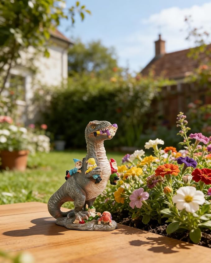 12-Inch Dinosaur Garden Gnome Statue, Outdoor Garden Decor | Funny Patio and Lawn Decoration, Gardening Gift for Women and Housewarming Present