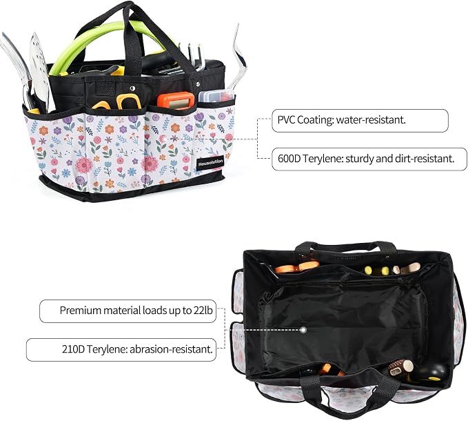 Housolution Gardening Tote Bag, Deluxe Garden Tool Storage Bag and Home Organizer with Pockets, Wear-Resistant & Reusable, 14 Inch, White Floral