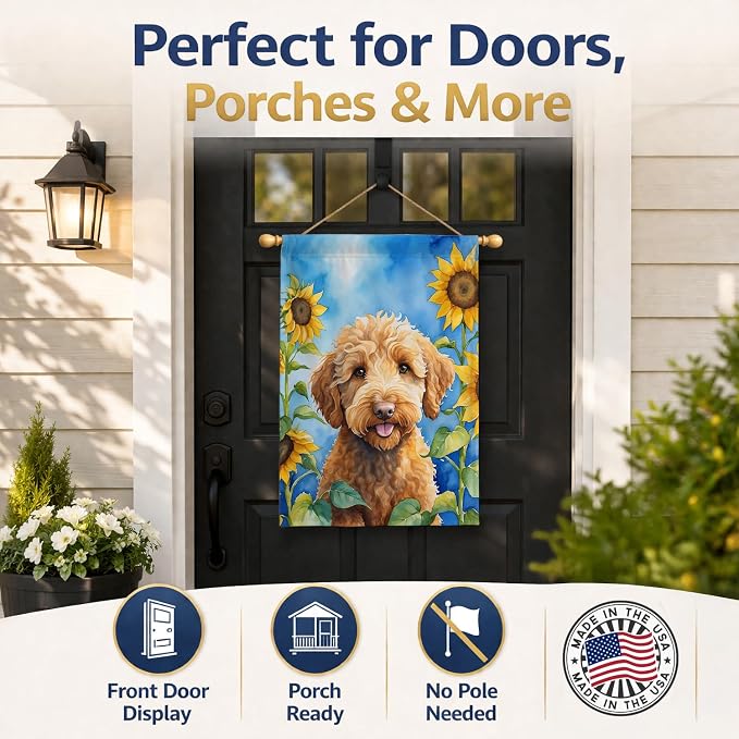 Caroline's Treasures DAC6113CHF Labradoodle in Sunflowers House Flag Large Porch Sleeve Pole Decorative Outside Yard Banner Artwork Wall Hanging, Polyester, House Size, Multicolor